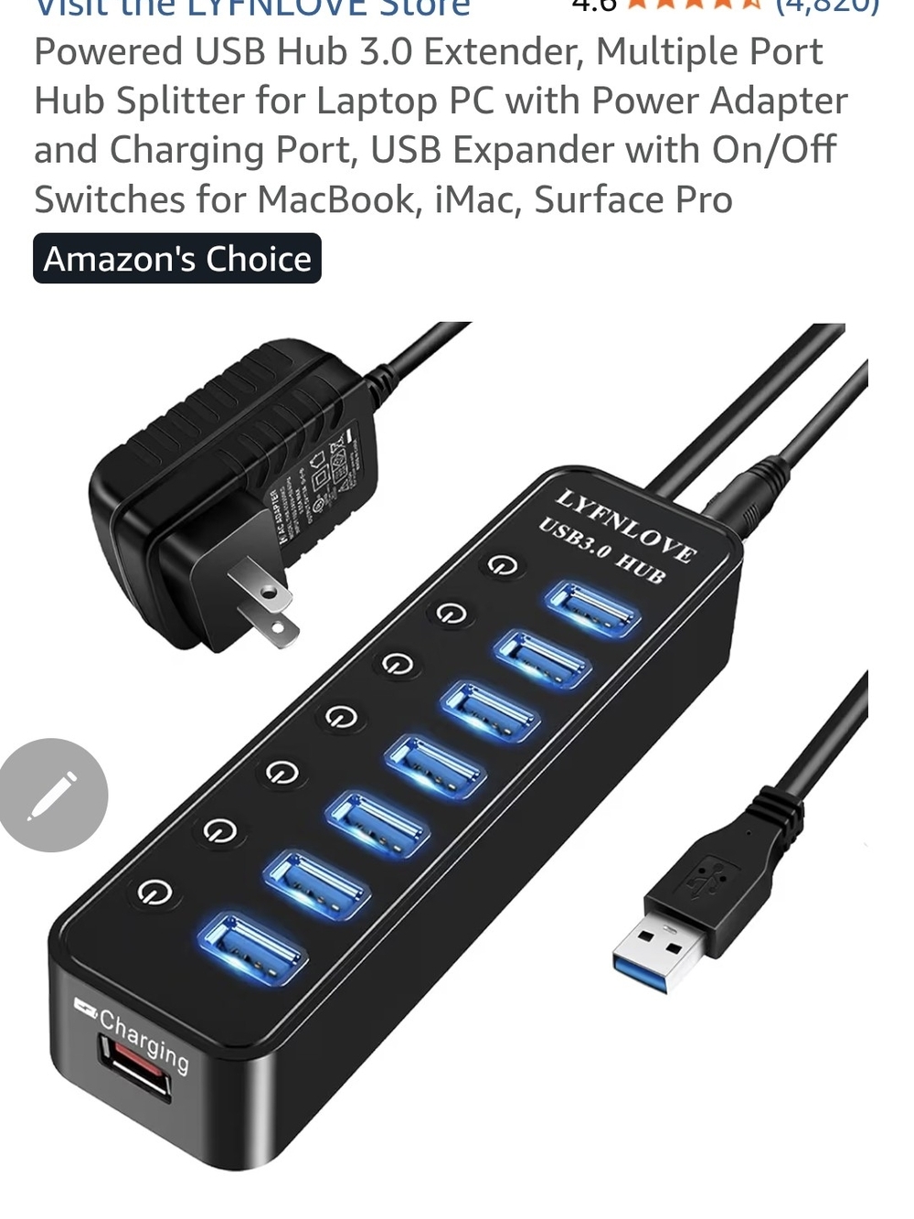USB 3.0 7-Port Powered Hub with Charging Port - Black